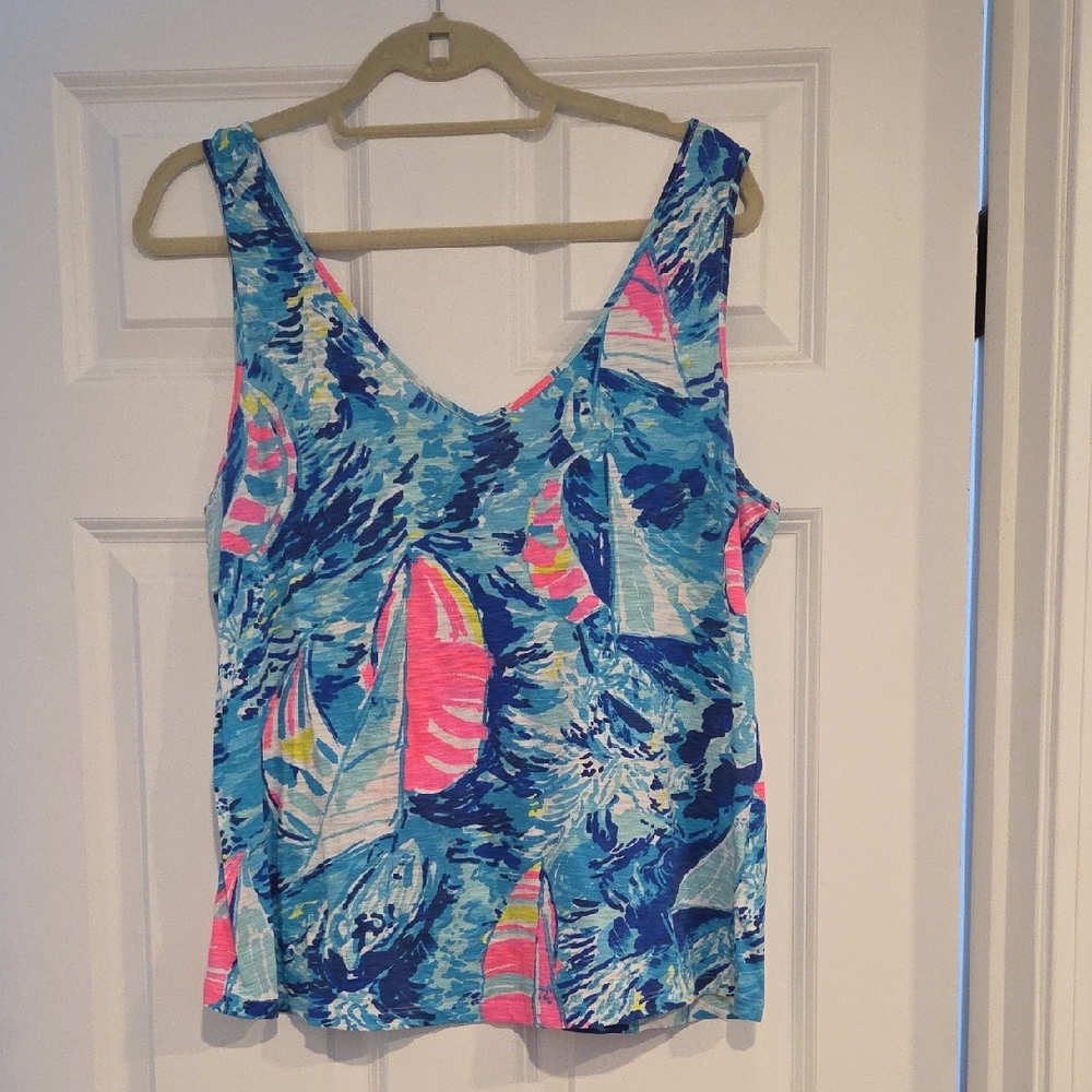 Lilly Pulitzer Blue Pink Tropical Print Tank Top large